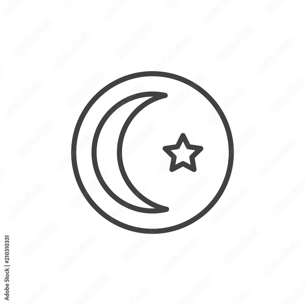 Crescent star outline icon. linear style sign for mobile concept and web design. Islamic religion simple line vector icon. Islam symbol, logo illustration. Pixel perfect vector graphics Crescent star outline icon. linear style sign for mobile concept and web design. Islamic religion simple line vector icon. Islam symbol, logo illustration. Pixel perfect vector graphics