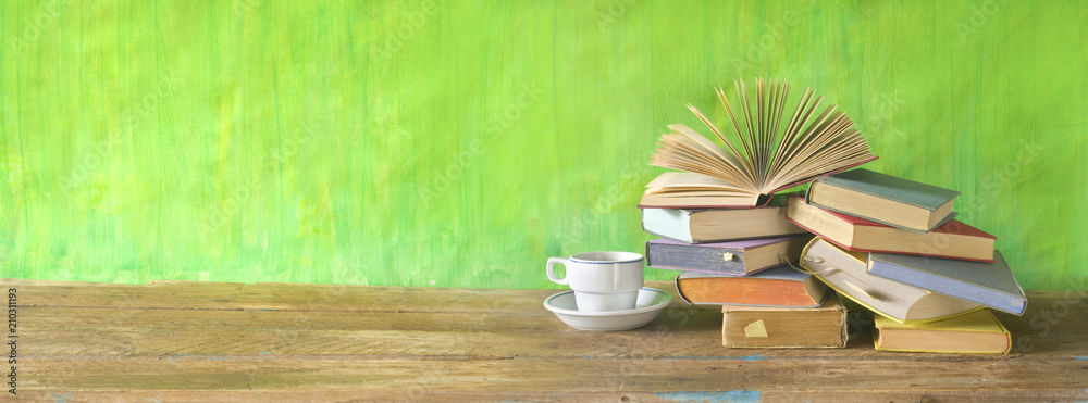 Naklejka premium Opened Book on a pile of old books, panorama, good copy space