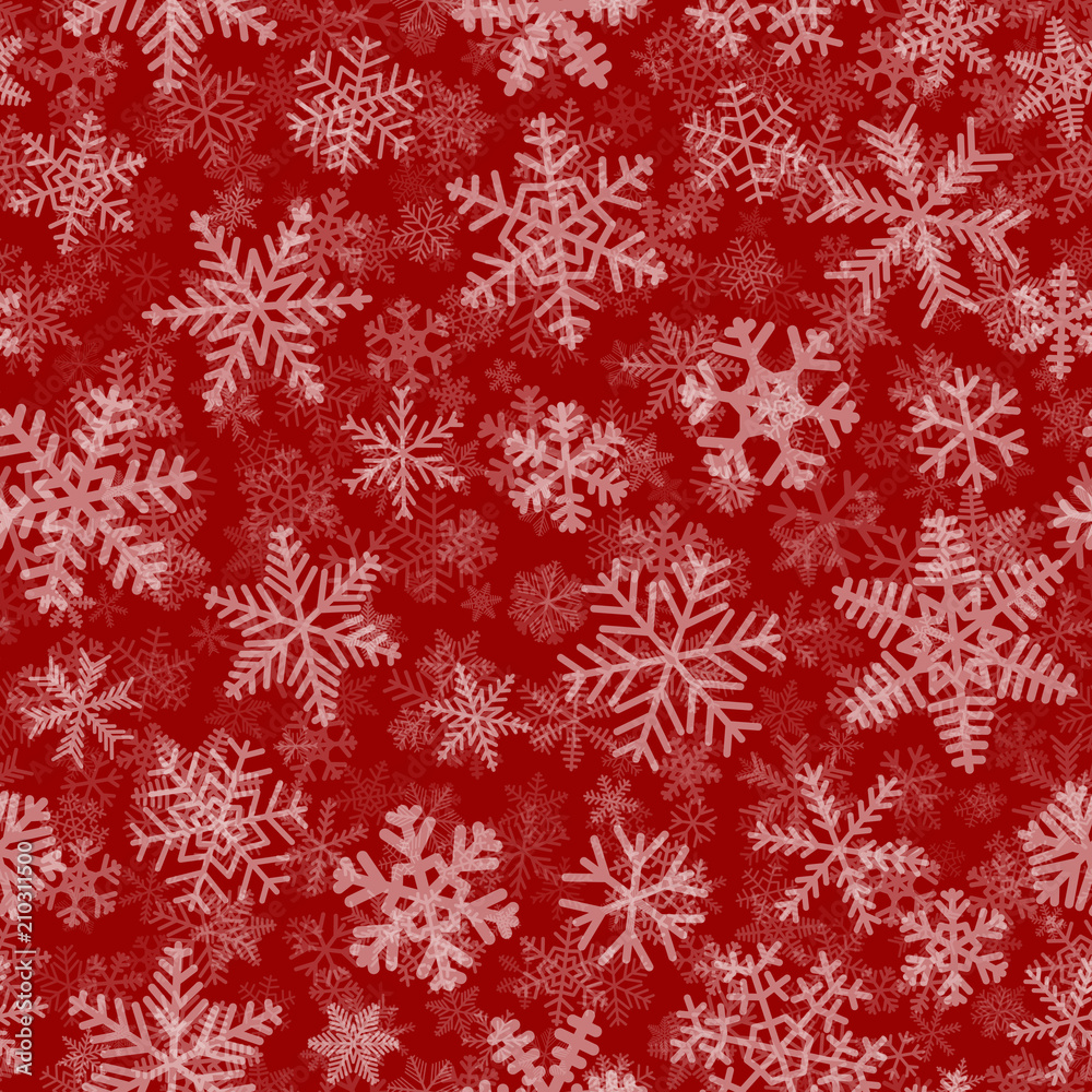 Christmas seamless pattern of many layers of snowflakes of different shapes, sizes and transparency. White on red background