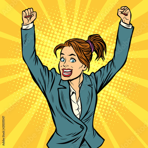 joyful woman winning hand gesture up