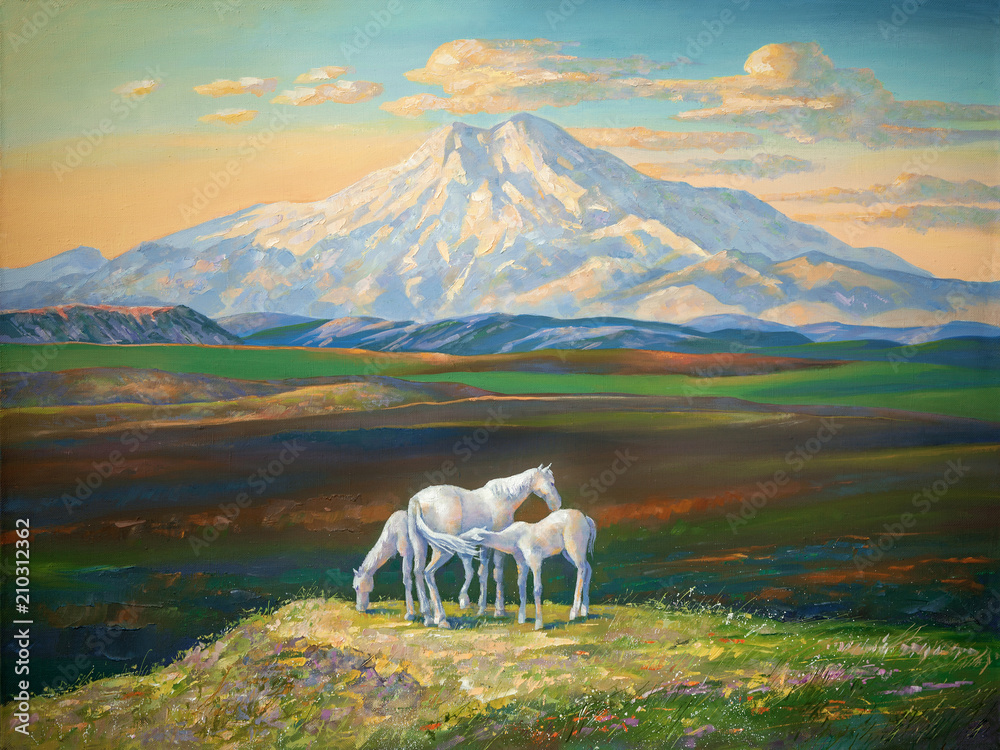 Fototapeta Obraz olejny na płótnie. Konie w tle Elbrusa. Zachód słońca w górach Kaukazu. Autor: Nikolay Sivenkov.