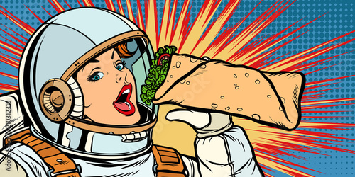 Hungry woman astronaut eating kebab Doner Shawarma