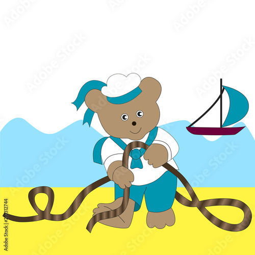 Cartoon bear sailor dressed in a marine shape ties knots.