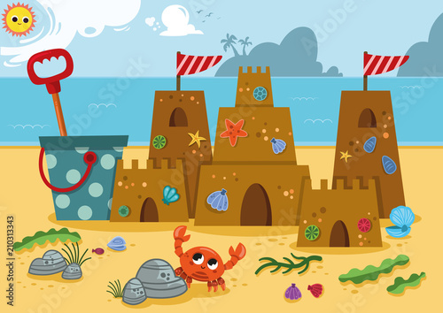 Sand castle  on the coast of the ocean. Vector illustration. 