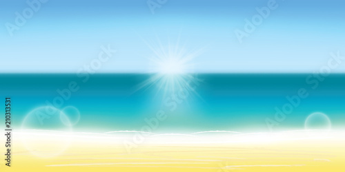Summer background vector illustration. Blurred summer beach, sun, sky, sea, ocean and sand landscape for background and wallpaper