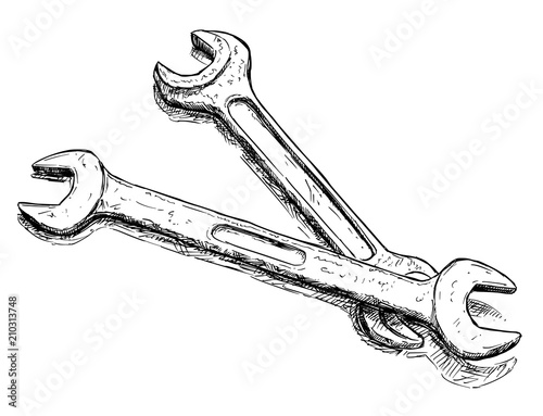 Vector artistic pen and ink drawing illustration of two wrenches or spanners.