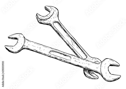 Vector artistic pen and ink drawing illustration of two wrenches or spanners isolated on white background.