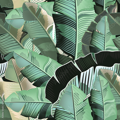 Fashion tropical pattern with realistic banana green leafs