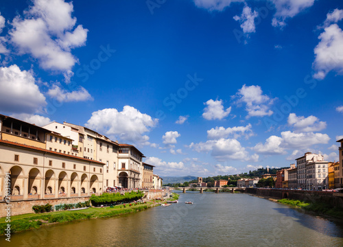 Florence cityscape with Arno River embankment Vasari Corridor and Uffizi Gallery Tuscany Italy