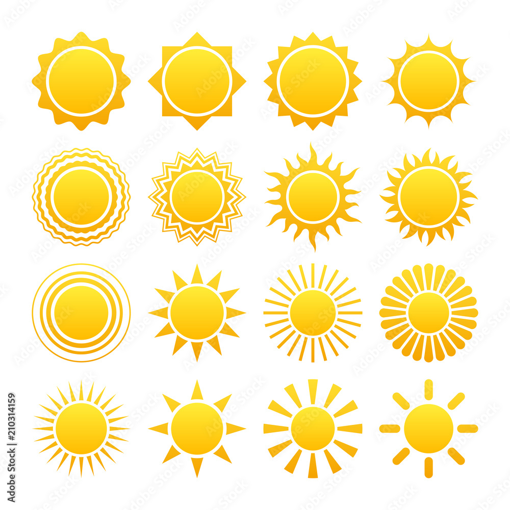 Set of vector sun icons. 16 different solar logos. Set of vector sun icons. 16 different solar logos.