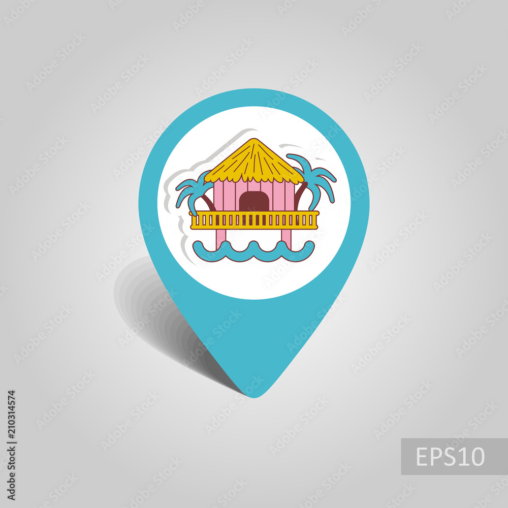 Bungalow with palm trees pin map icon. Vacation