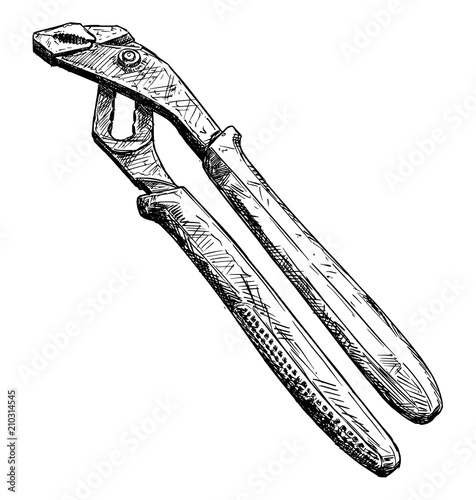 Vector artistic pen and ink drawing illustration of adjustable pliers isolated on white background.