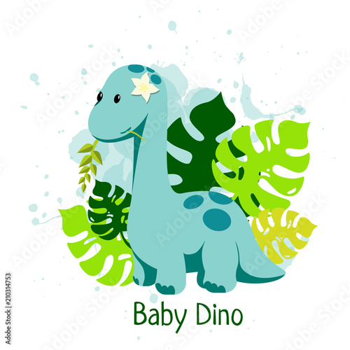 Baby Dino illustration in flat style with diplodocus and monstera leafs