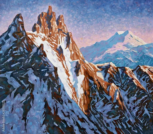 Fototapeta samoprzylepna Szczyty górskie Kaukazu o świcie, szczyt Shkhelda na tle góry Elbrus. Malarstwo: płótno, olej. Autor: Nikolay Sivenkov.