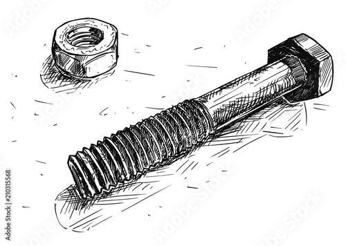 Vector artistic pen and ink drawing illustration of bolt or screw and nut isolated.