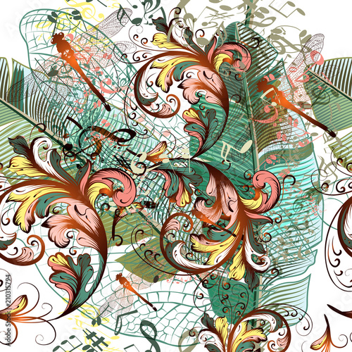 Fashion vector illustration with dragonflies, music notes and plants