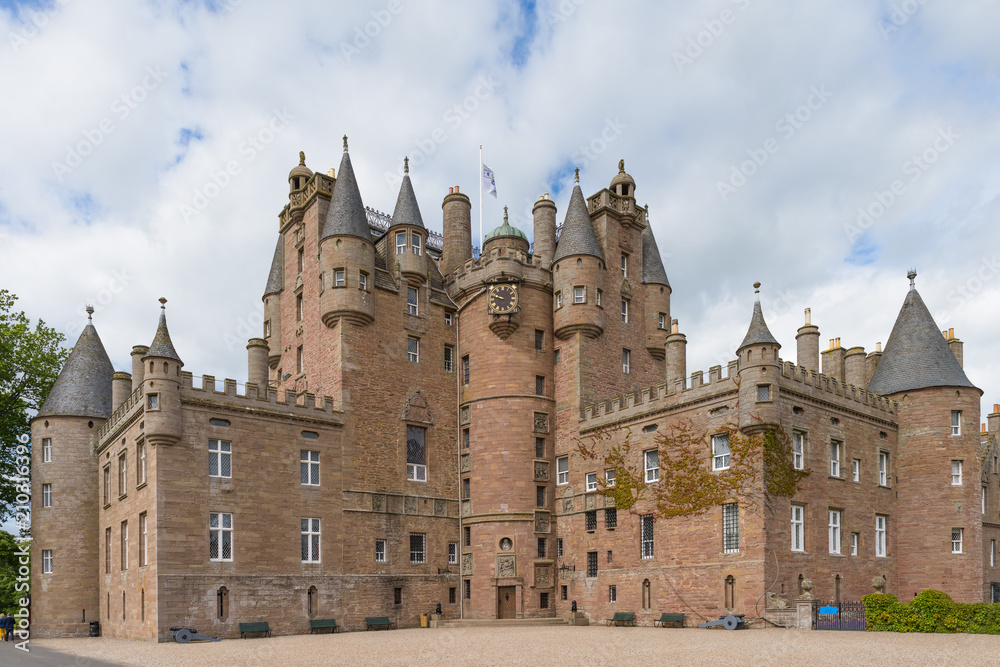 Glamis Castle in Angus, Scotland, United Kingdom. Glamis Castle is situated close to the village of Glamis and is the home of the Earl of Strathmore and Kinghorne.