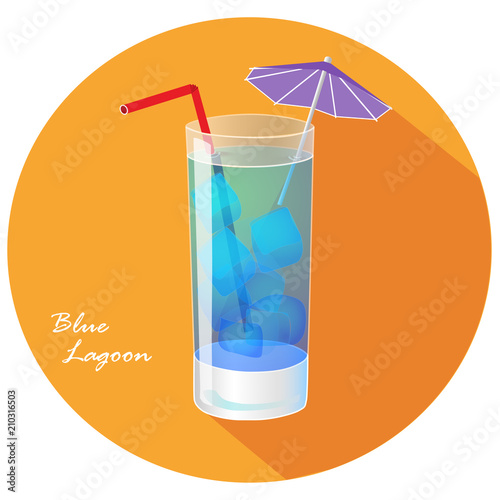 Hand drawn vector illustration of Blue lagoon popular summer cocktail, in orange circle with long shadow and text. Bar menu