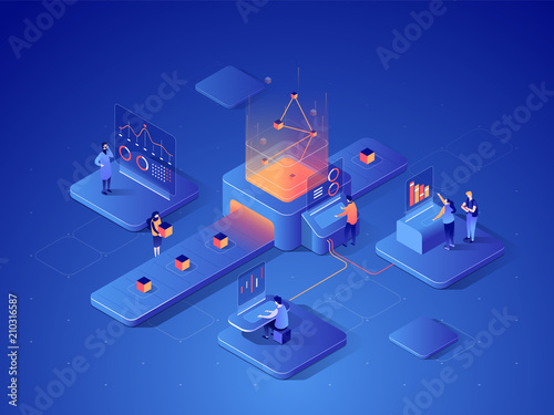 People interacting with charts and analysing statistics. Data visualisation concept. 3d isometric illustration.