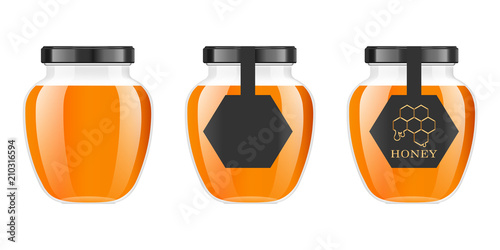 Realistic transparent glass jar with honey. Food bank. Honey packaging design. Honey logo. Mock up glass jar with design label or badges. Premium food product. Vector illustrations.