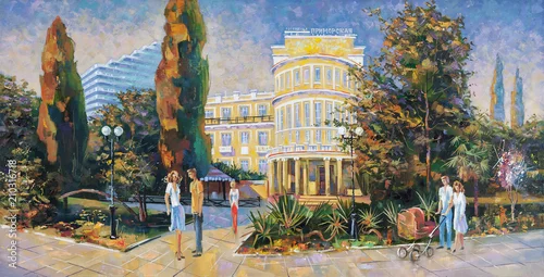 Fototapeta samoprzylepna Ludzie chodzą po nasypie. Krajobraz architektoniczny ukochanego miasta Soczi. Malarstwo: płótno, olej. Autor: Nikolay Sivenkov.