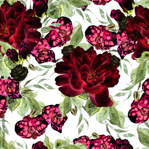 Bright watercolor seamless pattern with flowers roses, peony and orchids.