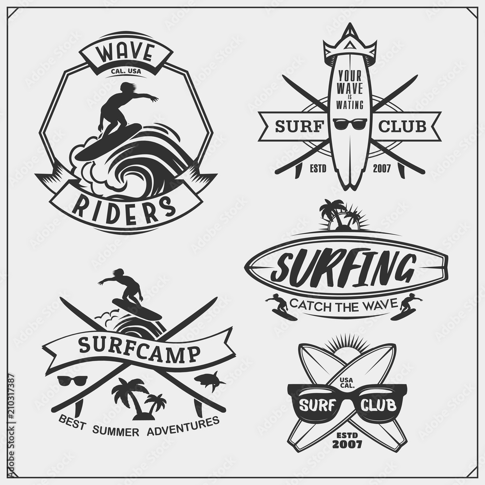 Obraz premium Set of surfing emblems, labels and badges. Surf design elements.