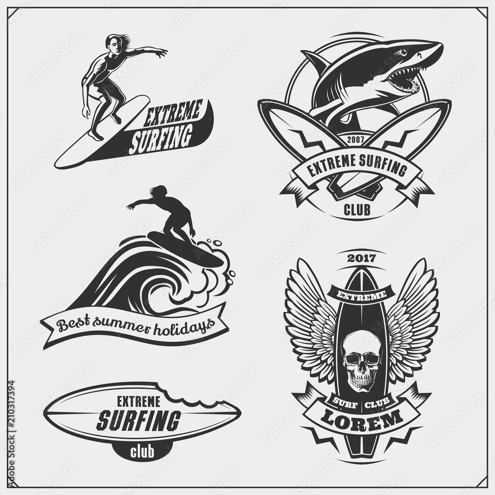 Set of surfing emblems, labels and badges. Surf design elements. Stock ...