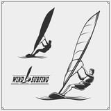 Set of windsurfing emblems, labels and badges. Surf design elements.