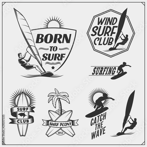Set of windsurfing emblems, labels and badges. Surf design elements.