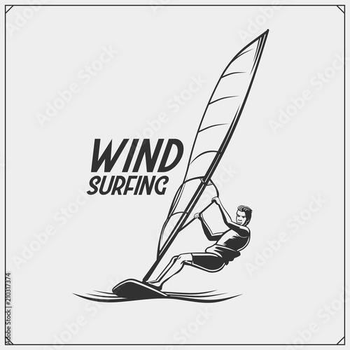 Windsurfing emblem and label. Vector illustration.