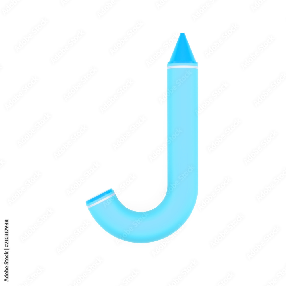 Colored wax crayons assembled like capital letter J on white background, 3D rendered font image for education, art and childish typography Colored wax crayons assembled like capital letter J on white background, 3D rendered font image for education, art and childish typography