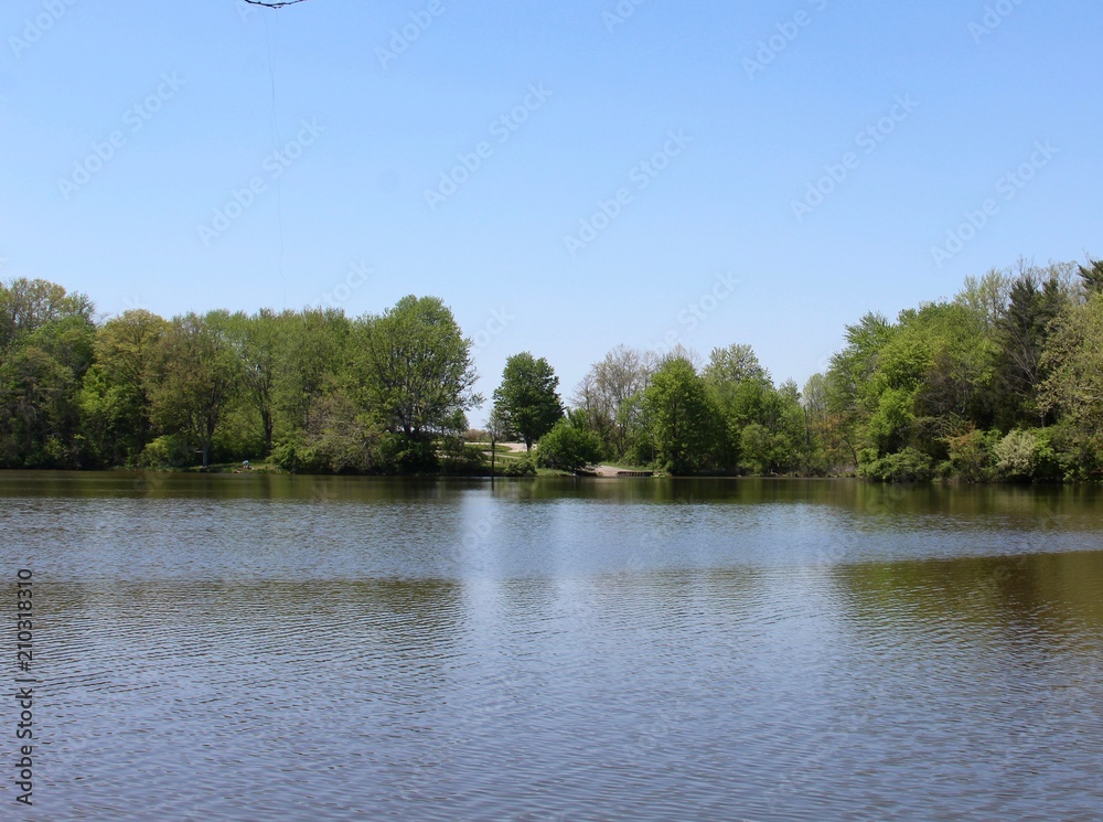 Obraz premium A view of the lake on a beautiful sunny spring day.