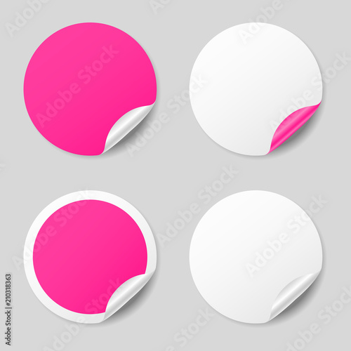 Blank pink round stickers with curled corners, realistic mockup