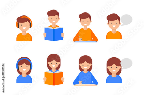 Reading, Writing, Speaking, Listening. Language learning icons, flat style. Female and male characters