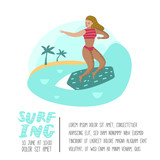 Character Woman Surfing at the Beach Poster, Banner, Brochure
