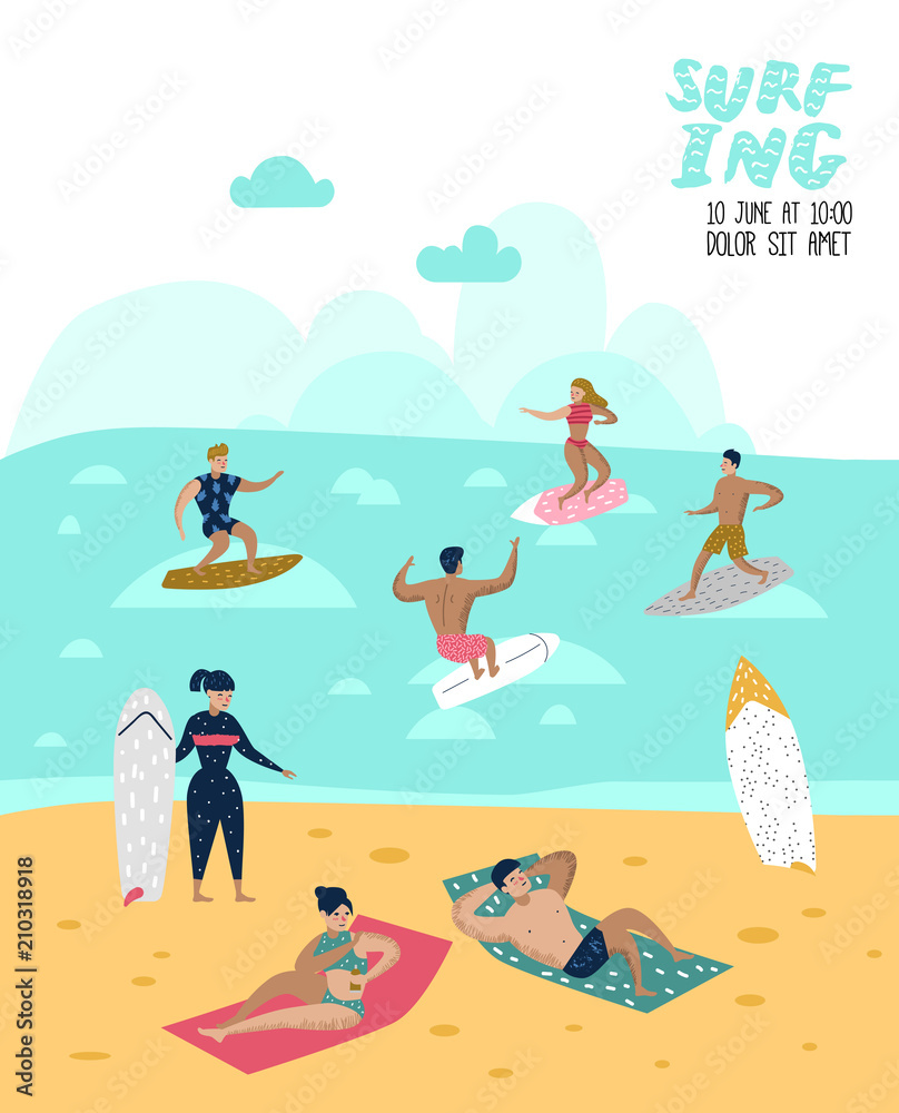 Characters People Surfing at the Beach Poster, Banner, Brochure. Man and Woman Cartoon Surfers. Water Sport Concept. Vector illustration Characters People Surfing at the Beach Poster, Banner, Brochure. Man and Woman Cartoon Surfers. Water Sport Concept. Vector illustration