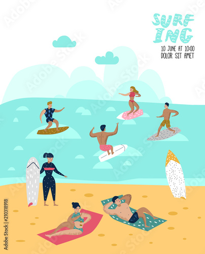 Characters People Surfing at the Beach Poster, Banner, Brochure. Man and Woman Cartoon Surfers. Water Sport Concept. Vector illustration