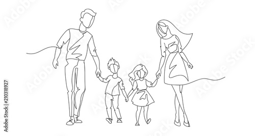 Continuous Line Parents Walking with Children. One Line Happy Family. Contour People Outdoor. Parenting Characters. Vector illustration