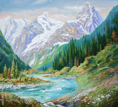 The Teberda River in the Gorge of the Caucasus Mountains. Painting: canvas, oil.