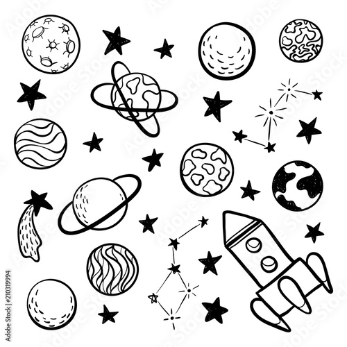 big set of hand drawn doodle space elements space, rocket, star, planet, space probes black and white isolated on background.