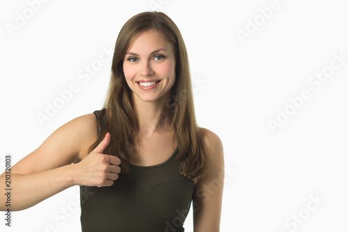 beautiful young girl with flowing hair on white background with hand gesture