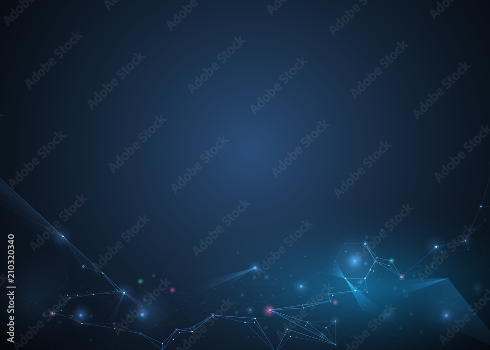 Fototapeta premium Abstract Molecules with Circles, Lines, Geometric, Polygon, Triangle pattern. Vector design network communication technology on dark blue background. Futuristic- digital science technology concept
