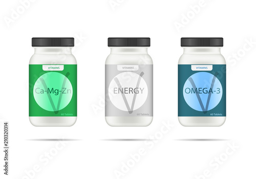 White matte plastic bottle with black lid for vitamins, tablets, pills. Realistic packaging mockup template with sample design. Medical container. Front view. Vector illustration.