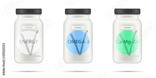 White matte plastic bottle with black lid for vitamins, tablets, pills. Realistic packaging mockup template with sample design. Medical container. Front view. Vector illustration.