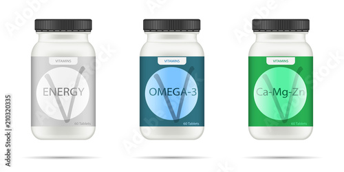 White matte plastic bottle with black lid for vitamins, tablets, pills. Realistic packaging mockup template with sample design. Medical container. Front view. Vector illustration.