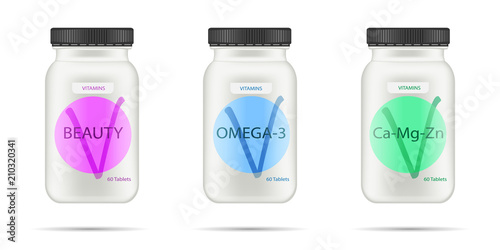 White matte plastic bottle with black lid for vitamins, tablets, pills. Realistic packaging mockup template with sample design. Medical container. Front view. Vector illustration.