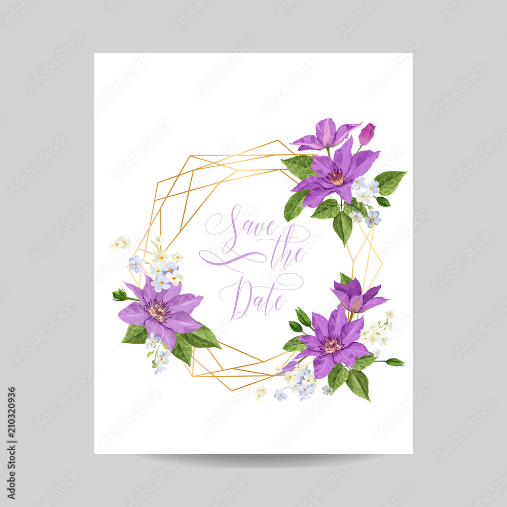Wedding Invitation Template with Clematis Flowers and Golden Frame. Tropical Floral Save the Date Card. Exotic Flower Romantic Design for Greeting Postcard, Birthday, Anniversary. Vector illustration