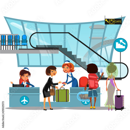 Check in airport with lady on counter and man and woman passengers with luggage vector illustration, check in baggage passport documents before people flight to vacation