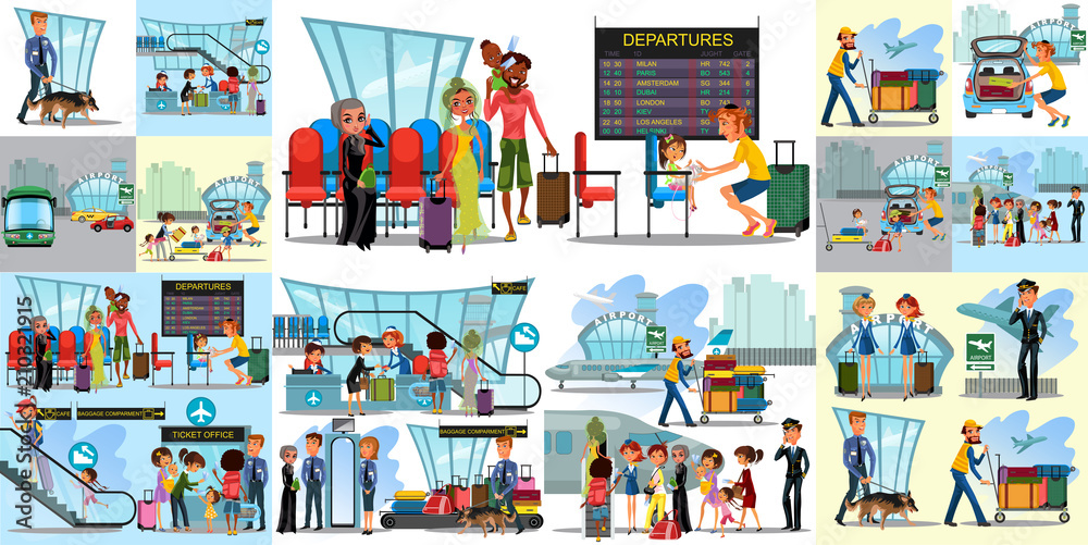 Fototapeta People in airport flat color icons set of pilot stewardess tourists with travel bags at checkpoint and security screening isolated vector illustration
